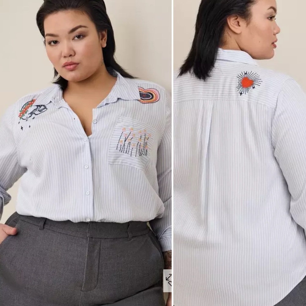 Lizzie Rayon Twill Striped Embroidered Button Up Long Sleeve Shirt Sz 3